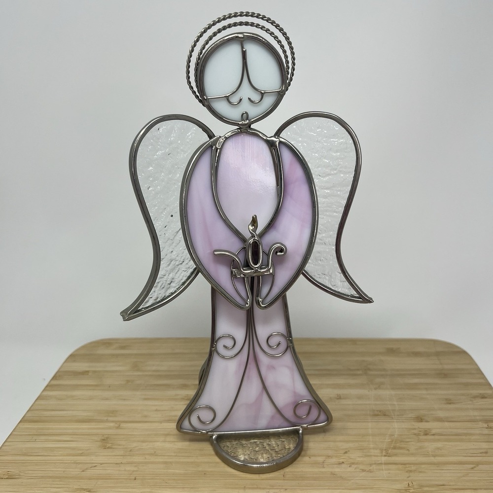 Pink Stained Glass Singing Angel Free Standing Figurine‎ Leaded Frame 10" Halo